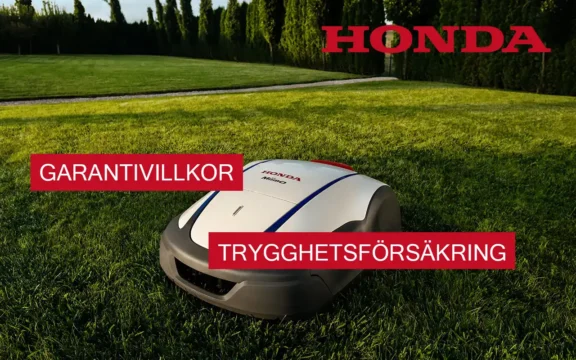 Honda Miimo robotgräsklippare på gräsmattan, med text Honda Grantivillkor och trygghetsförsäkring