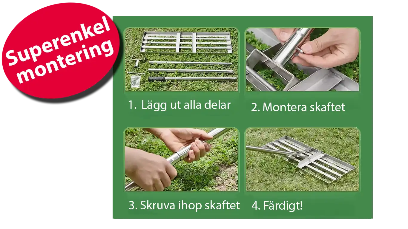 Beskrivning på hur TrädgårdSmarts dressraka monteras