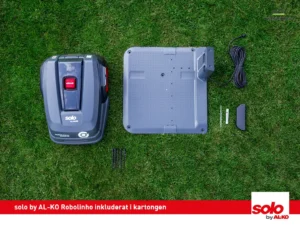 Inkluderat i kartongen till Solo by AL-KO Robolinho, robotgräsklippare, laddstation, marksruvar