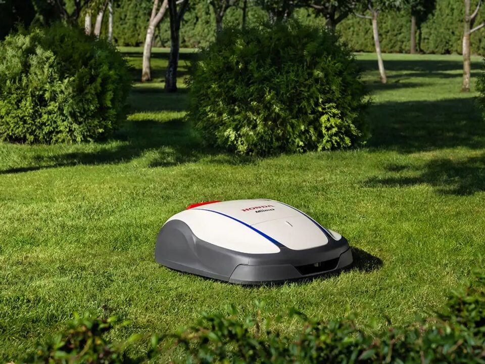 A robotic lawnmower operates in a grassy garden area.