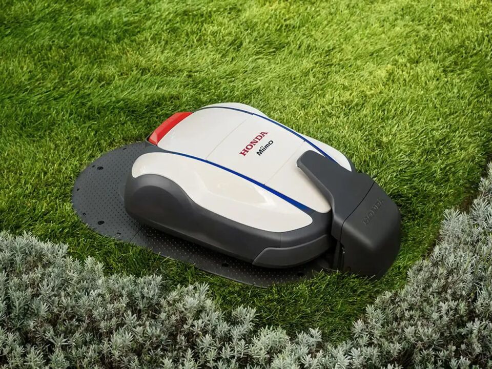 Robot lawn mower on green grass, surrounded by plants.