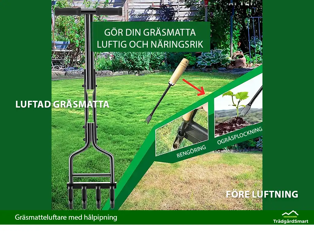 Gräsmatteluftare för luftning av gräsmatta och verktyg för rengöring och ogräsplockning.
